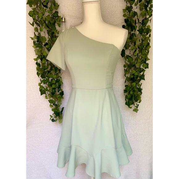 TCEC Green Pastel One Sleeve Ruffle Asymmetrical Mini Dress Women's Size Small - Picture 2 of 10